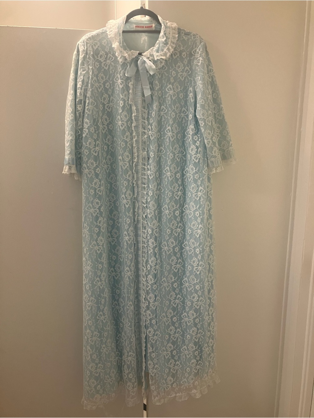 Odette Barsa Vintage Budoir Light Blue White Lace 3/4 Sleeve Long Robe Sz M USED